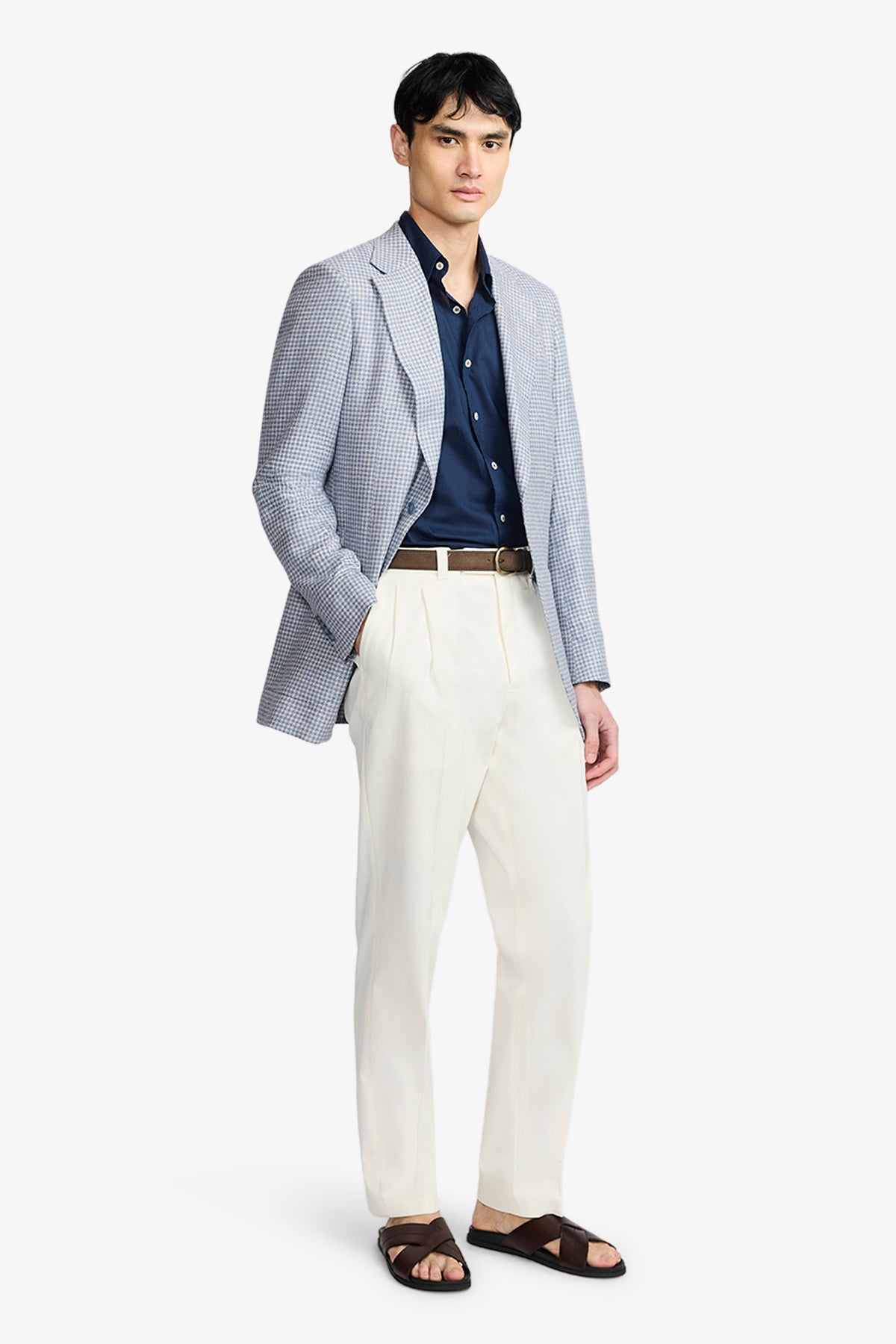 Archer Blazer - Light Blue Houndstooth In Linen/Cotton