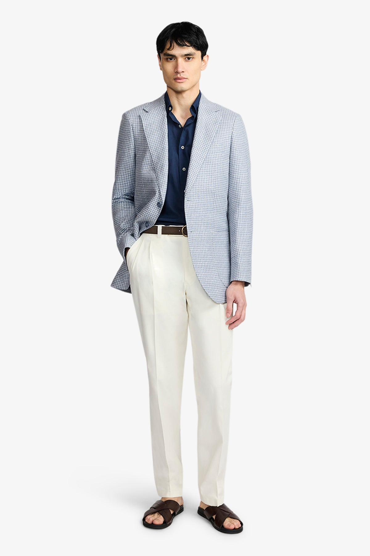 Archer Blazer - Light Blue Houndstooth In Linen/Cotton