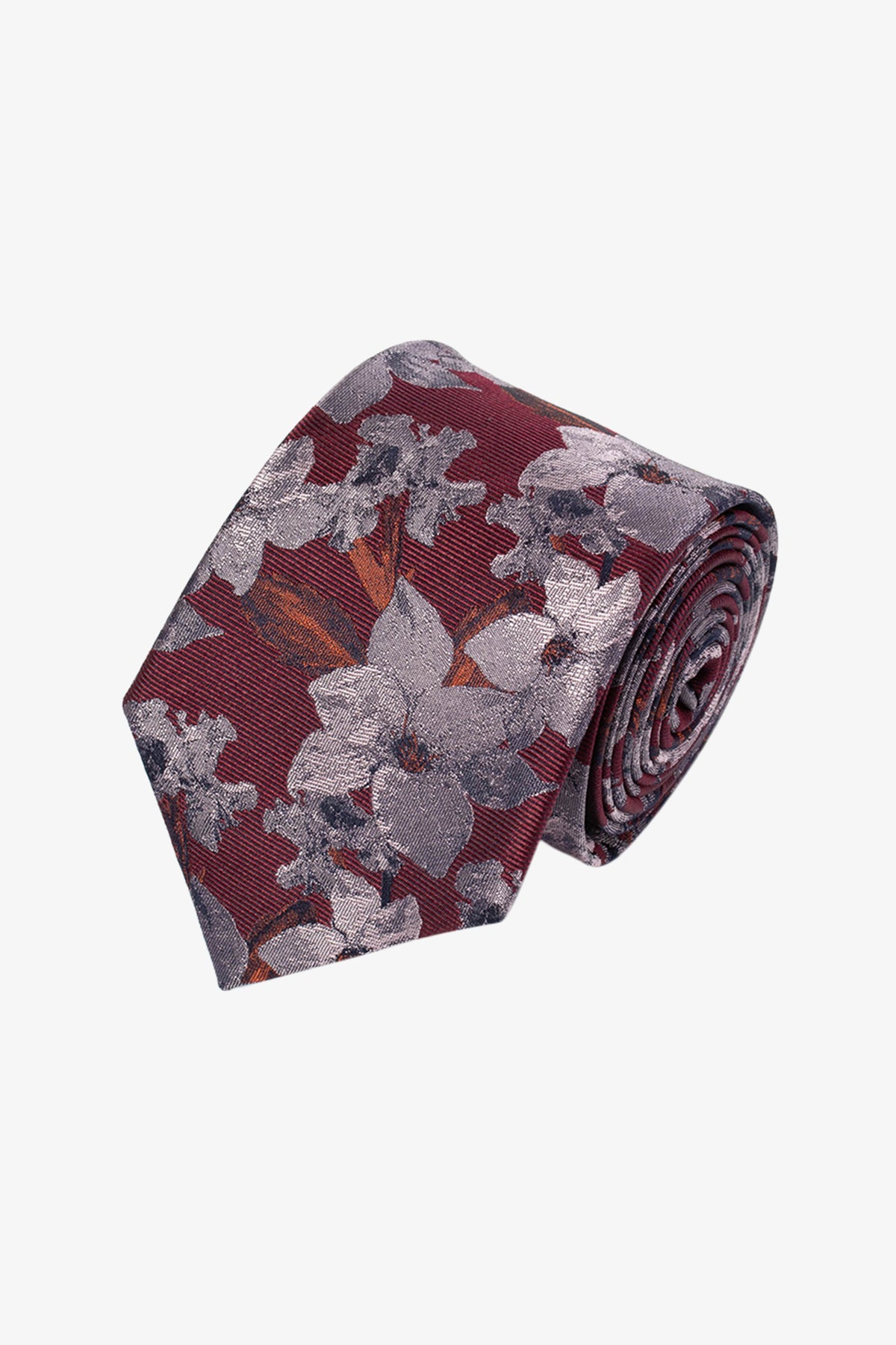 Tie - Silk silver red flowers