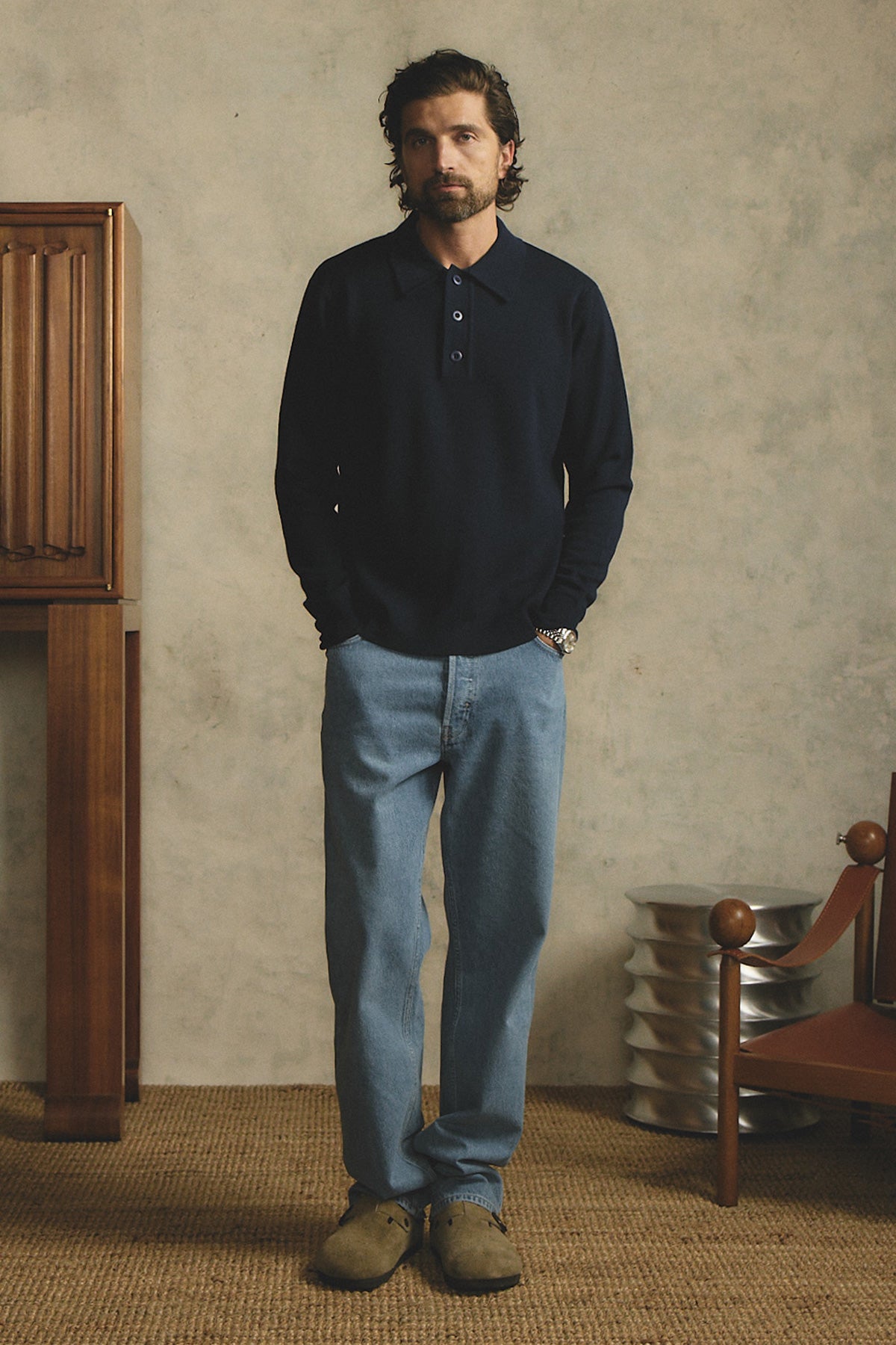 Heavy weight blue L/S polo