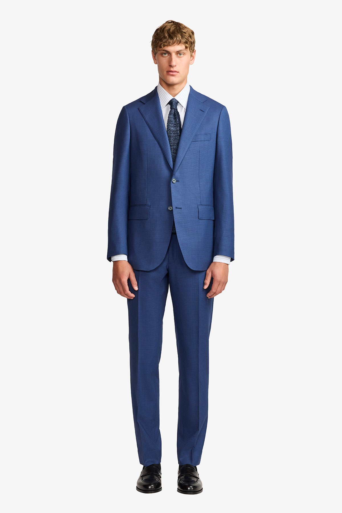 Stokes suit - Mid blue micro houndstooth, in pure wool, super 110's