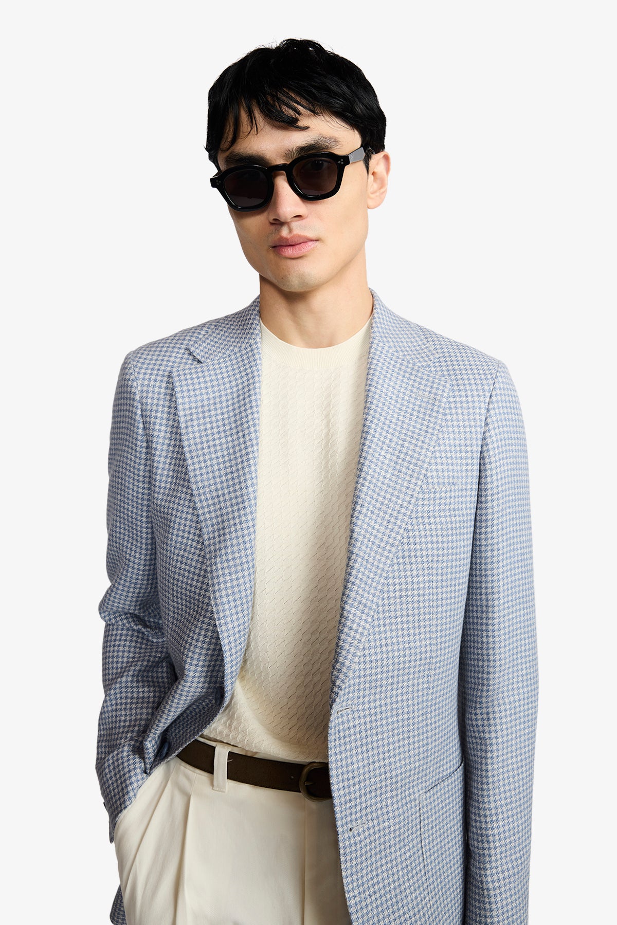 Archer Blazer - Light Blue Houndstooth In Linen/Cotton