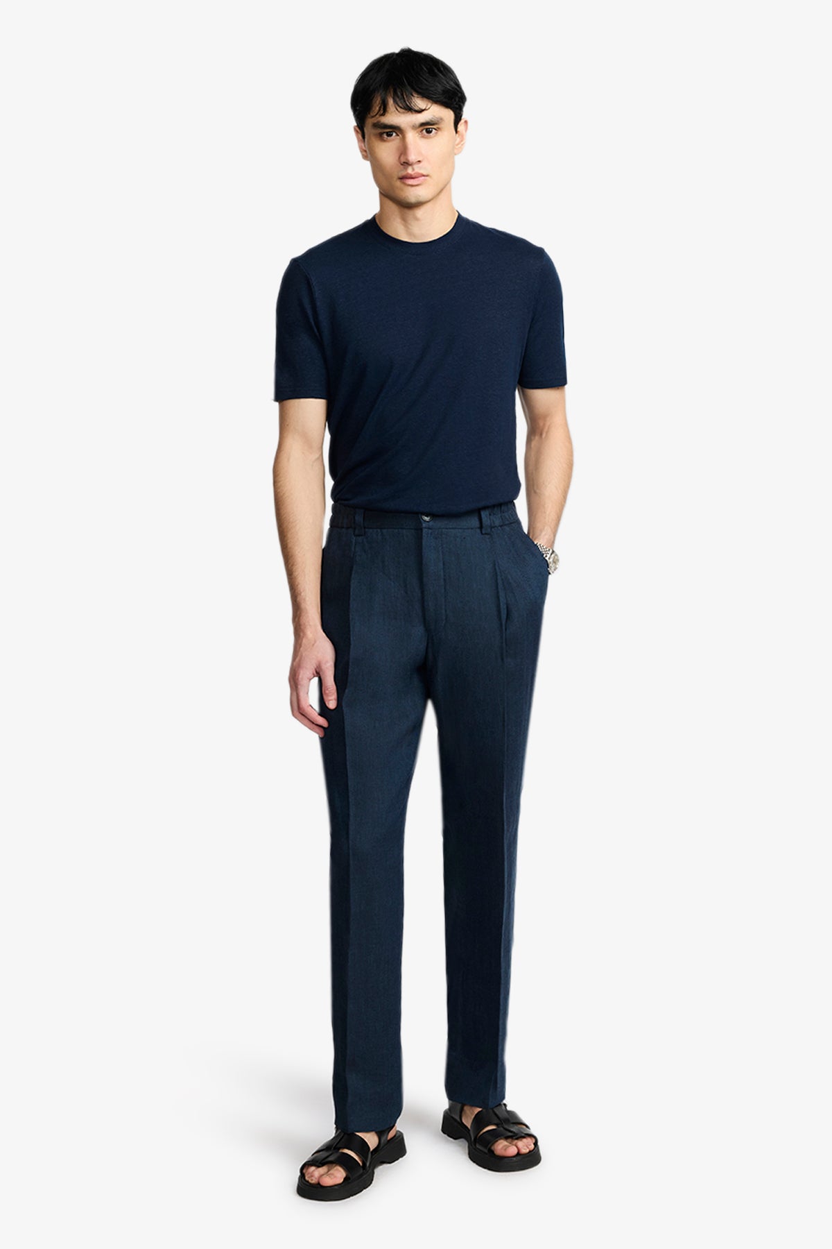 Elwin Trouser - Navy Blue Herringbone In Linen