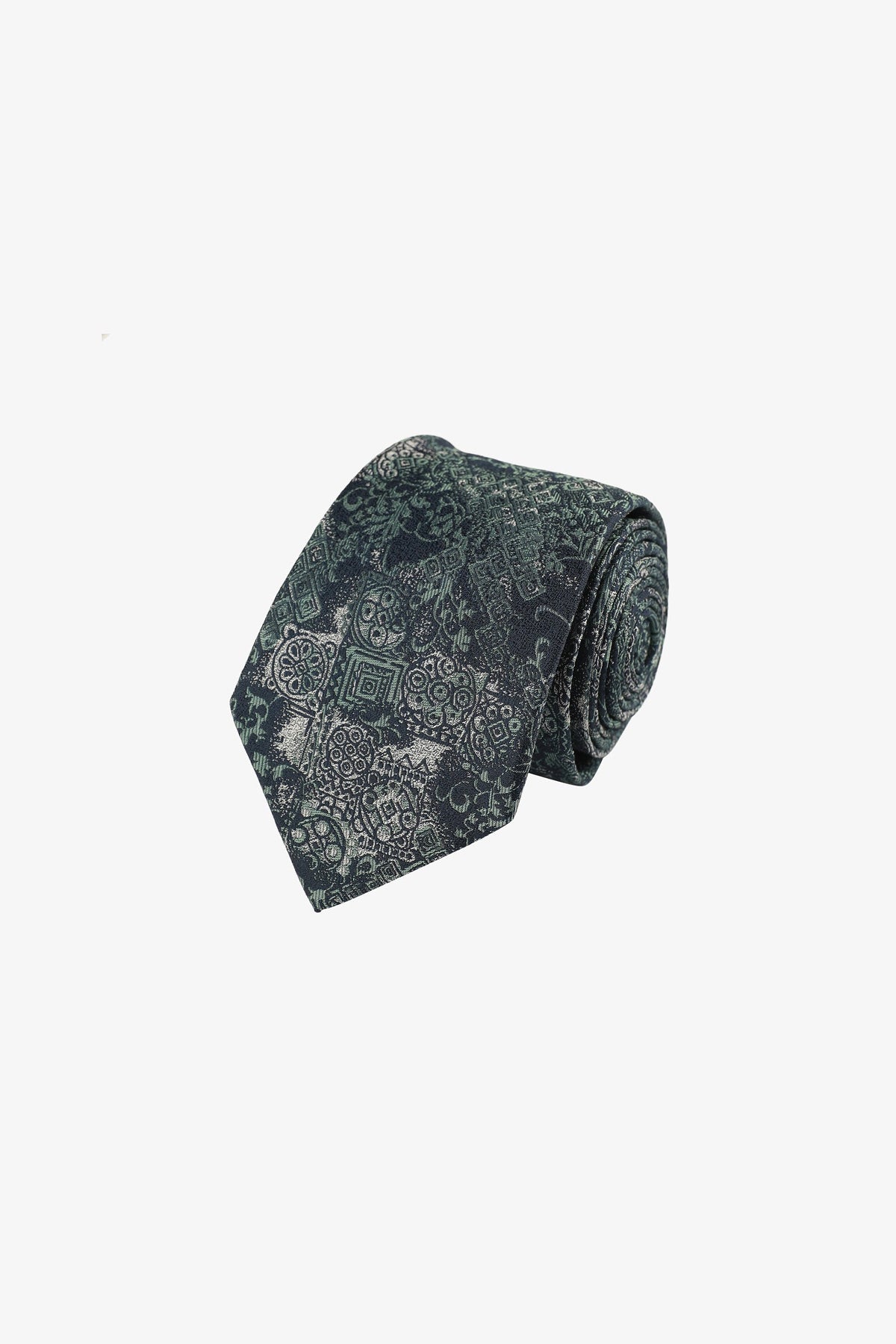 Tie - Silk navy with green design