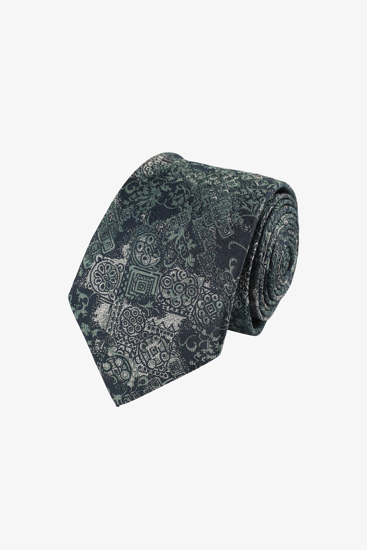 Tie - Silk navy with green design