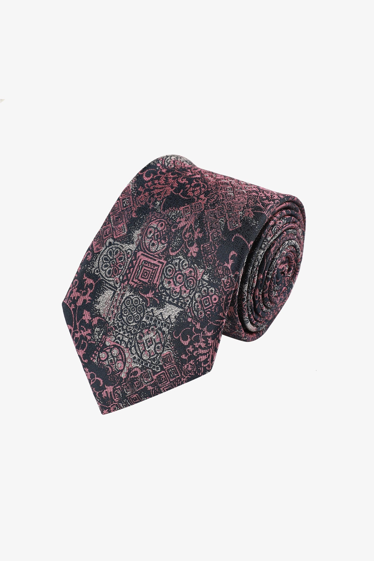 Tie - Silk navy with pink design