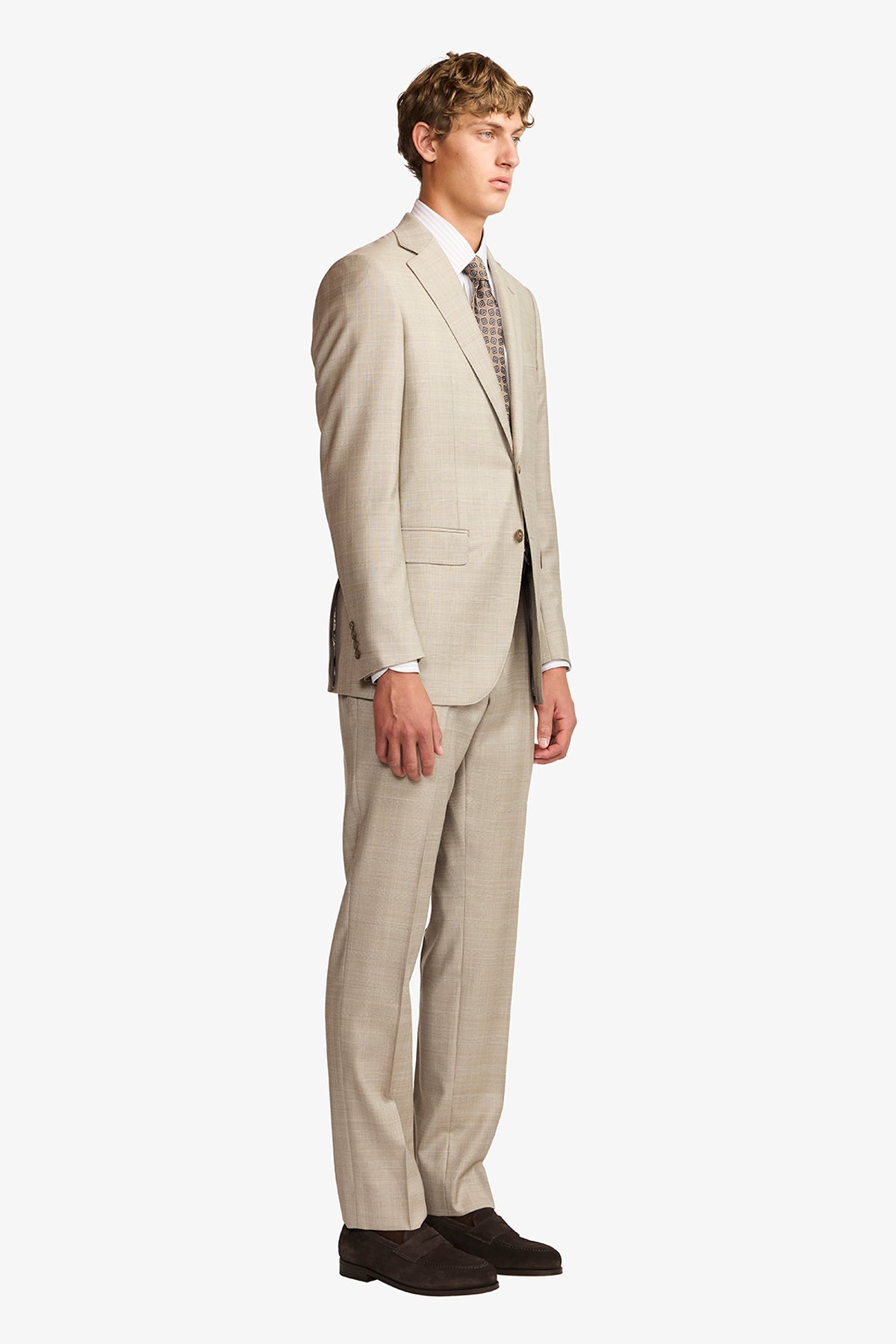 Mateo suit - Fawn tonal Prince of Wales check, in pure wool, super 110's