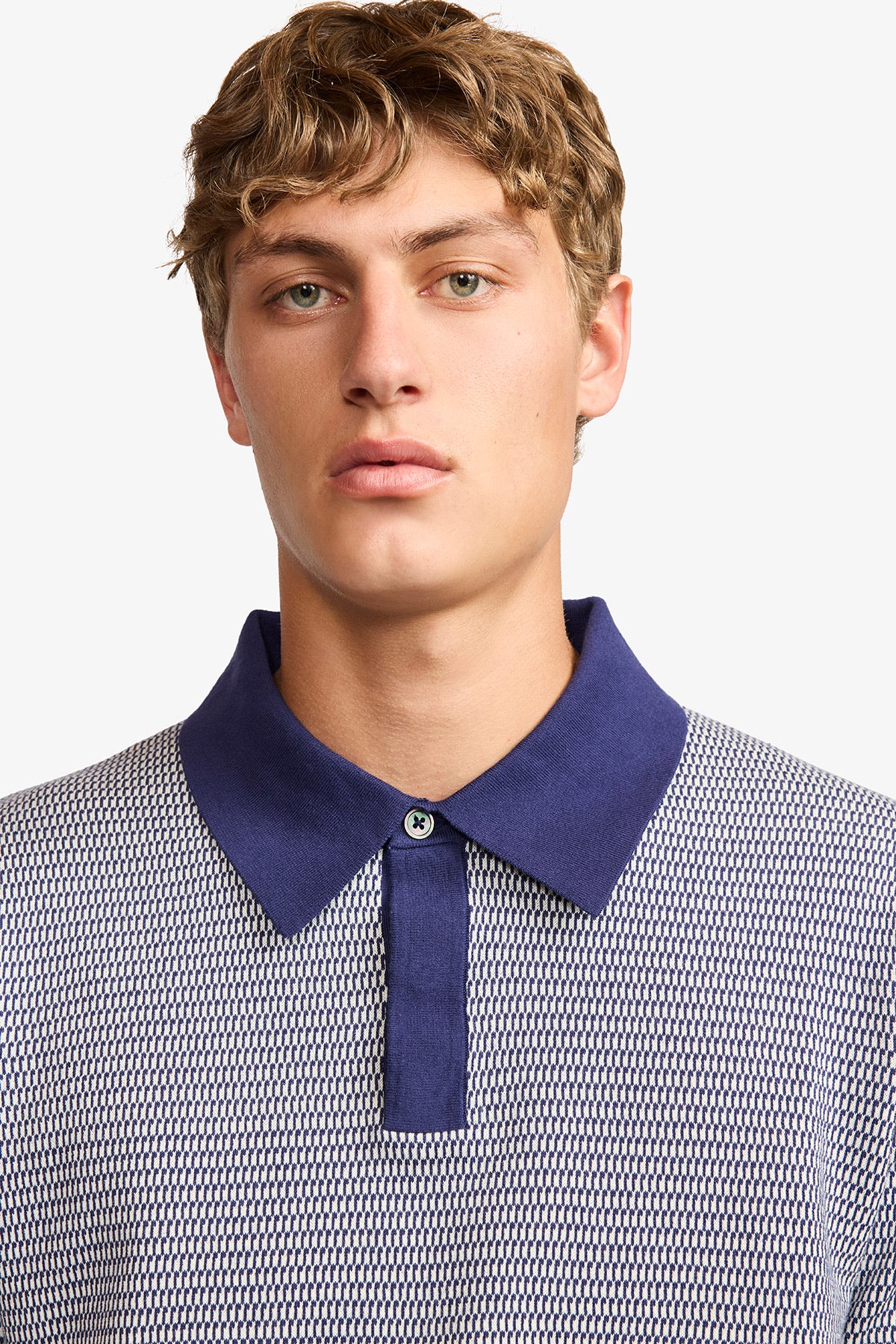 Santi blue knitted jacquard S/S polo