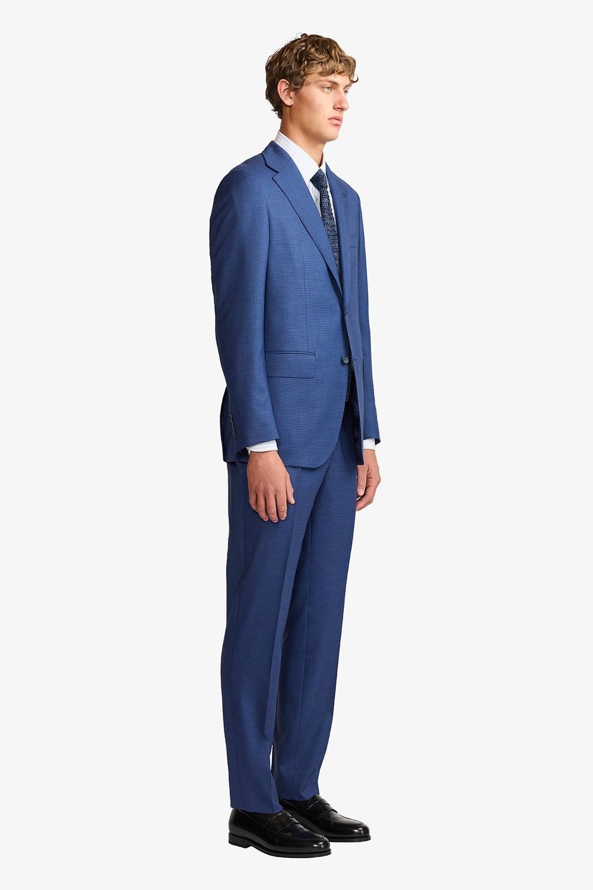 Stokes suit - Mid blue micro houndstooth, in pure wool, super 110's